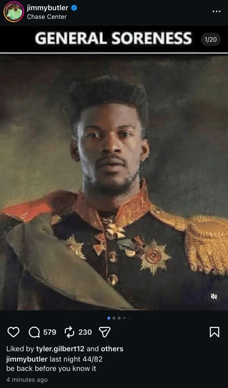 皇冠体育入口-一图流|巴特勒赛季报销心情不错，晒图自嘲：酸痛将军！